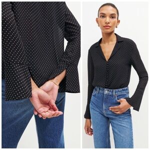 Reformation Jeremiah Top Polka Dot Button Down Shirt Blouse Black White Size XL